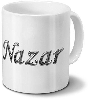 printplanet Tasse mit Namen Nazar - Motiv Chrom-Schriftzug - Namenstasse, Kaffeebecher, Mug, Becher, Kaffeetasse - Farbe Weiß