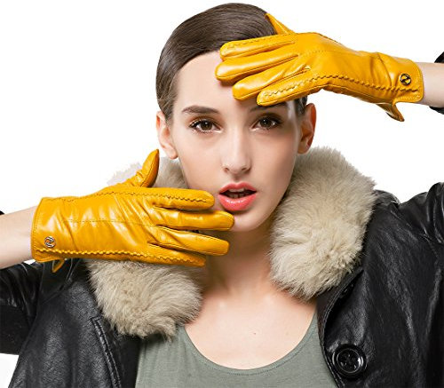 Nappaglo Damen klassische Handschuhe aus echtem Nappaleder Reines Kaschmir-Futter Winter Warm Handschuhe (S (Umfang der Handfläche:16.5-17.8cm), Gelb(Non-Touchscreen))