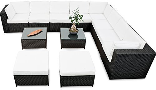 XXXL Polyrattan Lounge Ecke erweiterbar - Lounge Ecke Polyrattan - schwarz - Garnitur Gartenmöbel XXXL Lounge Set Polyrattan - Gartenlounge Set + Lounge Sofa + Sessel + Ecke + Hocker + Tisch + Kissen