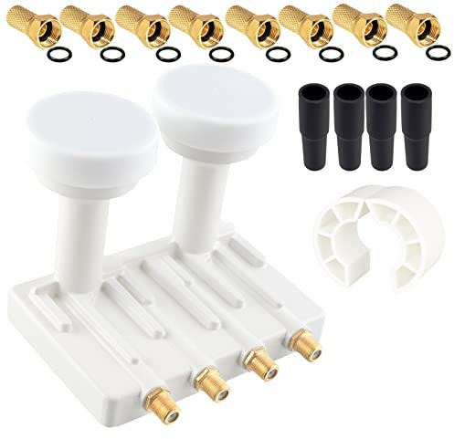 Quad Monoblock LNB 0,1dB LNC HB-DIGITAL Set 4 Teilnehmer Direkt 2 Sat Astra 19,2° Hotbird 13° Full HD TV 3D Ultra HD 4K + 8 x F-Stecker vergoldet GRATIS dazu + 4X Gummitüllen
