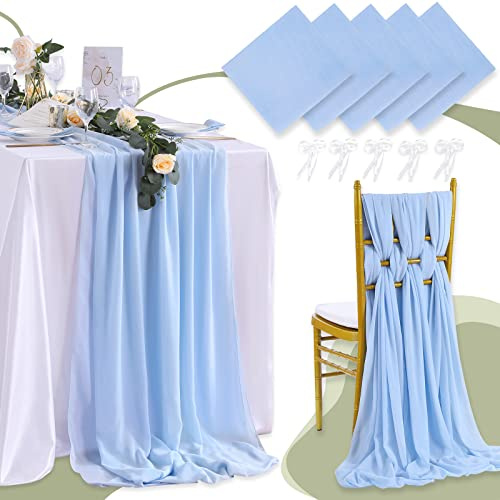 QueenDream Light Blue Table Runner Chiffon 5 Pieces 27x120 Inches Sheer Table Runners for Wedding Party Rustic Boho Party Indoor Outdoor Table Decorations