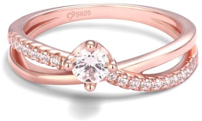 Jeulia Damen Rotgold Ringe Sterling Silber Rundschliff Solitärring Diamant Ringe Schmuck für Braut Hochzeit Band Verlobungsring (56 (17.8))