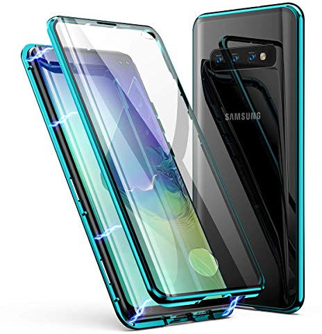 Handyhülle kompatibel mit Samsung Galaxy S10 Hülle Magnetische Adsorption Metallrahmen 360 Grad Full Body Schutzhülle Vorne hinten Gehärtetes Glas Schutzhülle Einteiliges Case,Grün