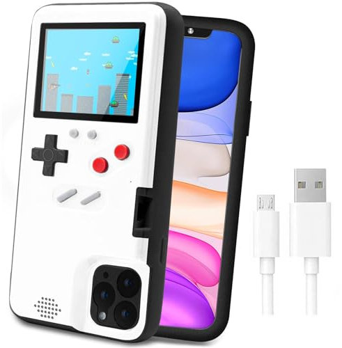 LucBuy Game Console Case for iPhone, Retro Protective Cover Self-powered Case with 36 Small Game,Full Color Display,Shockproof Video Game Case for iPhone 11 - White