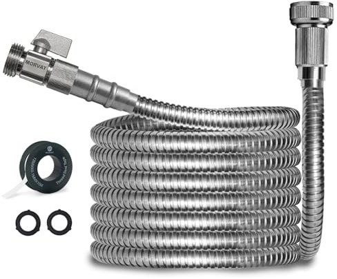 Morvat Robuster 3 m langer Edelstahl-Gartenschlauch mit Absperrventil aus Messing, knick- und verhedderungsfrei, bruch- und durchstichfest, inklusive Rolle Teflonband und zusätzlichen Unterlegscheiben
