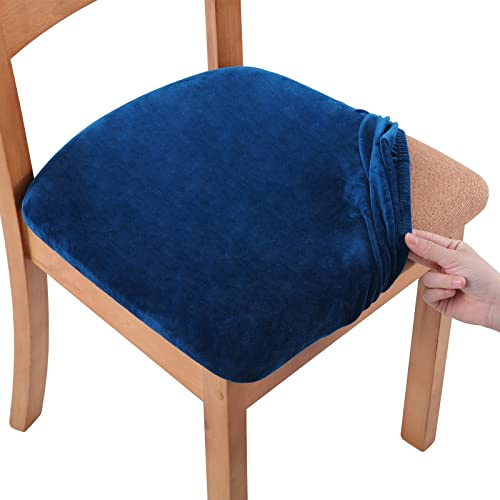 smiry Stretch Chair Seat Covers for Dining Room, Velvet Dining Chair Seat Protectors Chair Slipcovers, Set of 6, Navy Blue