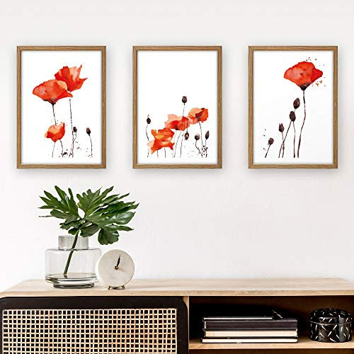 Kreative Feder 3-teiliges Premium Poster-Set | Mohnblumen | Deko Bild für Ihre Wand | optional mit Rahmen | Wohnzimmer Schlafzimmer Modern Fine Art | DIN A4 / A3 (A4, natur Rahmen)