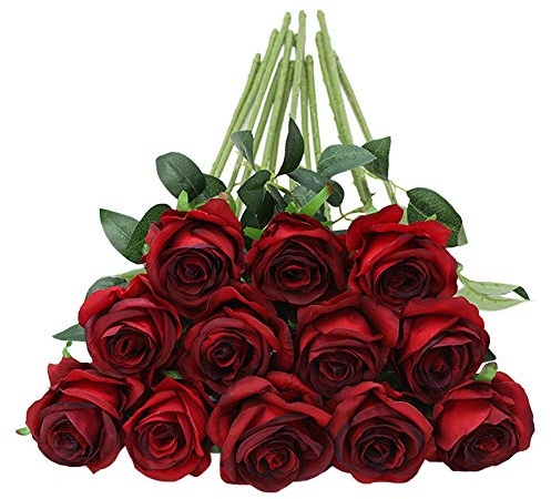 Tifuly 12pcs Red Roses Artificial Flowers,Realistic Long Stem Fake Silk Roses Bouquet for Party Home Wedding Centerpiece Office DIY Decor(Burgundy)