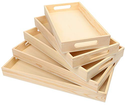 LotFancy Wooden Nested Serving Trays, Set of 5, Unfinished Natural Wood Trays with Handles, for Craft and Decor, Food Organizer for Breakfast, Lunch, Dinner