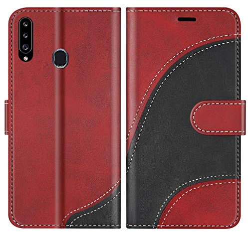 BoxTii Hülle für Galaxy A20S, Leder Handyhülle für Samsung Galaxy A20S, Ledertasche Klapphülle Schutzhülle mit Kartenfächer und Magnetverschluss, Rot