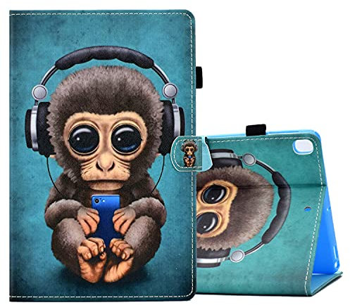 ONETHEFUL Coque Libro Étui pour Apple iPad 10.2 2021 2020 2019 / iPad Air 3 10.5 2019 / iPad Pro 10.5 2017 Tablette Housse Cover Protection Étuis avec PU Cuir et Stand - Singe Musical