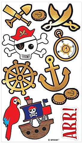 Amscan 9909917 - Tattoo-Set Pirat, 11 Stück, Sticker für die Haut, Geschenk, Give-Away, Kinder-Geburtstag, Motto-Party