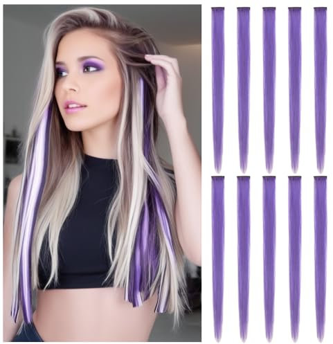 10 pezzi estensioni dei capelli colorati 22 pollici Colored Clip in Hair extensions per le donne ragazze cosplay di moda (Dritto, Viola)