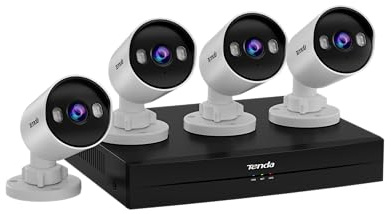 Tenda PoE Überwachungskamera Set Aussen, 4X 4MP CCTV Camera Outdoor + NVR (Unterstützt bis zu 10TB) für 24/7 Videoüberwachung, PoE IP Kamera mit AI Personenerkennung, Nachtsicht, TK4P-4BC