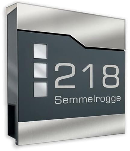 Tomtec Anthracite Briefkasten mit Beschriftung - Pulverbeschichteter Stahl, Zeitungsrolle, Briefschlitz, Sichtfelder - Wandmontage