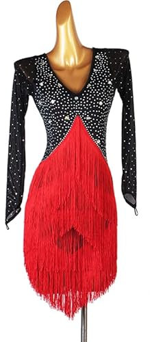 NSHZKQ Kleider Für Latein-Tanzwettbewerbe Quasten Tango Professionelle Tanzkostüme Für Frauen V Ausschnitt Mesh Salsa Trainings Tanz Outfit Cha Cha Tanzkleidung,Black red,XL