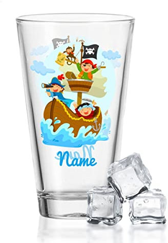 GRAVURZEILE Leonardo Wasserglas mit UV-Druck - im Piraten Design - mit Wunschname - Für Kinder als Geschenk - Geeignet als Trinkglas