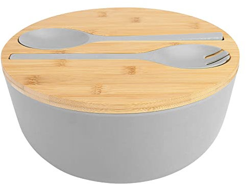 Große Salatschüssel mit Deckel, Bambusfaser-Salatschüssel-Set mit Utensilien, 24,9 cm Rührschüssel mit Server, solide Bambus-Holzschale für Salat, Obst, Gemüse und Nudeln (grau)