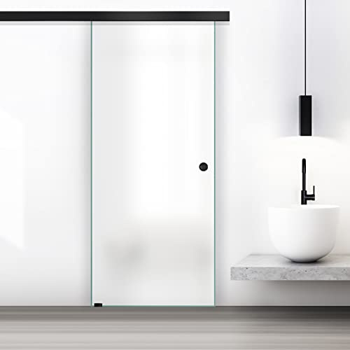 BOSS - Puerta corredera de cristal negra para interior, 60 x 215 cm (disponible 60/80/90 cm), 8 mm, cristal de seguridad satinado, nanorecubrimiento negro, kit completo de herrajes, riel colgante (60
