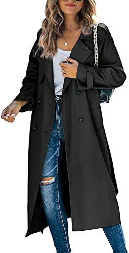 PDYLZWZY Damen Oversized Trenchcoat Lang Leicht Parka Jacke mit Gürtel Gehschlitz Zweireihiger Mantel Damen Mode Frühjahr Herbst Übergangsjacke (Black, Large)
