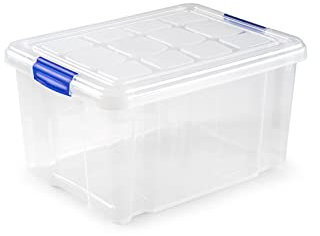 ForenTex Caja Almacenaje Plástico 16L con Tapa y Cierres (N1) – Transparente, Apilable, para Juguetes, Zapatos, Documentos, Oficina y Hogar