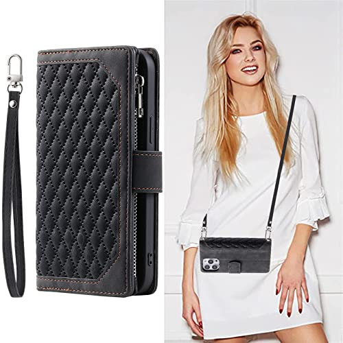 SINQERISHT Handykette Handyhülle für Huawei P30 Lite Wallet Hülle PU Leder mit Reißverschluss Kartenfach Ständer und Trageband Handytasche TPU Bumper Case Magnetverschluss Schutzhülle(Schwarz)