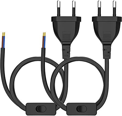KEAGAR [2 Stück] Euro-Netzkabel mit Schalter, 3M Euro Stecker Stromkabel, 2 X Ersatzkabel Anschlusskabel mit Schalter Typ C, 3 x 0,5 mm², für Leuchten, Lampen, Leuchtmittel, Schwarz