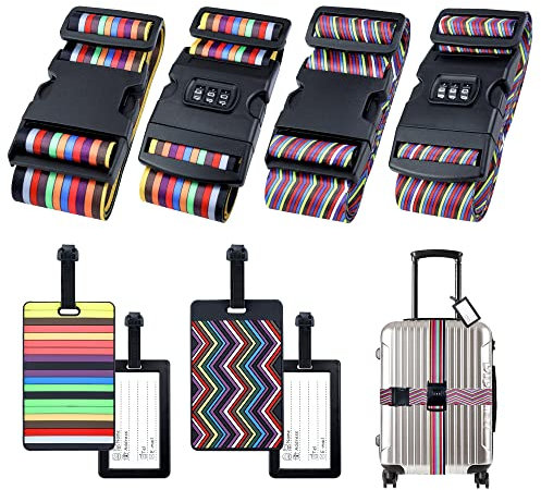 Hivia 4 Stück Koffergurt mit Zahlenschloss+4 Kofferanhänger mit Adressschild Koffergurte Bunt Gepäckgurt Travel Accessories,Adjustable Multifunktional Luggage Strap Kofferband Gurt 200x5cm,Streifen