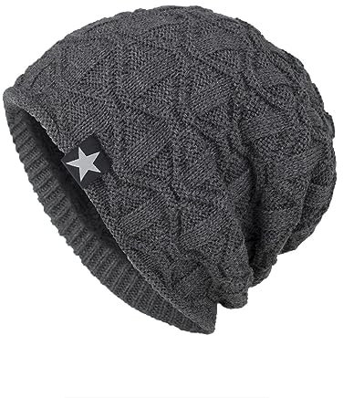 Slouchy Strickmütze für Herren/Damen Winter Warm Verdicken Fleece Beanie Hut Täglich Outdoor Winddicht Dehnbar Skull Cap, GRAU, Einheitsgröße