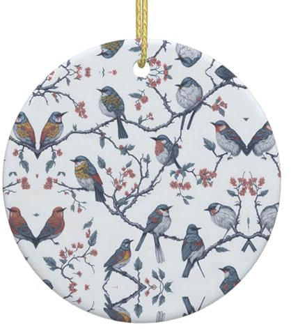 Adornos de Navidad vintage con ramas de árbol de pájaros, decoraciones de Navidad, adornos colgantes de árbol de Navidad, regalo festivo redondo de cerámica para decoraciones de Navidad, decoraciones