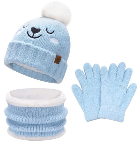 Enfants Hiver Chaud Bonnet Pompon Echarpe Gants Tactiles Ensemble Moufles Cache-Cou avec Polaire Cadeaux Noel pour 5-8 Ans Bebe Fille Garçon