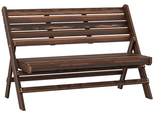 Outsunny Gartenbank, 2-Sitzer Sitzbank, Holzbank mit Rückenlehne, Parkbank, bis 250 kg belastbar, für Garten, Balkon, Verkohlt, 122 x 63 x 83 cm
