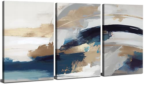 Abstract Navy Blue Wall Art Blue and Gold Wall Decor Minimalist Abstract Canvas Wall Art for Living Room Office Modern Watercolor Paintings Artwork for Bedroom Kitchen Home Decorations 30x40cm 3Pcs