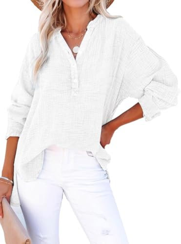 PADOLA Chemisiers et Blouses Femme Gaze de Coton Chemisier Femme Chic et élégant Chemise Henley Manches Roulées Décontracté Tunique Bouton Blouse Couleur Uni Tee Shirt été Haut Top (0 Blanc, S)