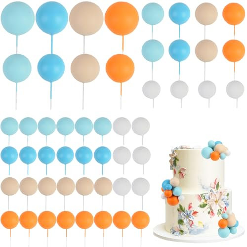 CORNER LACE 52 Pcs Ball Cake Decorations - Orange Khaki Blue White Ball Dessert Picks Cake Cupcake Toppers, Birthday Party Baby Shower Gender Reveal Cake Supplies