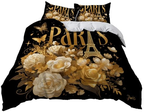 Bettwäsche 3teilig Bettbezug, Pariser Turm Blume Bettbezug 135x200 cm Mikrofaser mit Kopfkissenbezug mit Reißverschluss 80x80cm*2 Schwarz und Gold