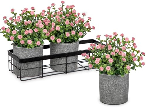 Briful Set of 3 Gypsophila Artificial Flowers in Pot, Artificial Babys Breath with Black Metal Flower Stand, Fake Plants Pink Gypsophila Flowers for Centerpieces, Shelf, Desk Decor