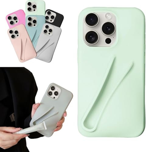 HABETI Lip Gloss Phone Case for iPhone 13 14 15 Pro Max - Liquid Silicone With Lipstick Clip and Mobile Phone Lanyard Spacer - Green