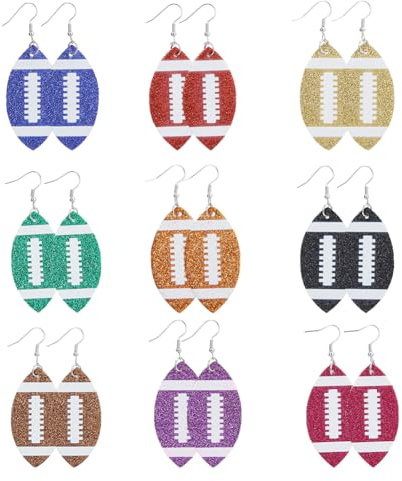 SUPERFINDINGS 9 Paar 9 Farben Rugby Ohrringe Hängend Buntes Kunstleder Rugby Ohrringe Modische Sport Tropfenohrringe Einzigartige Glitzernde Ball Ohrringe Team Fan Schmuck Für Frauen