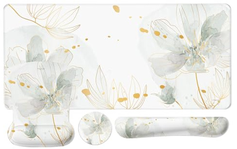 MOSISO Desk Pad Mat Keyboard Mouse Pad Set, Large Gaming Mouse Pad&Keyboard Wrist Rest&Mouse Pad with Wrist Rest&Coaster, Ink Petals Ergonomic Non-Slip Mousepad with Memory Foam for Home Office,Green