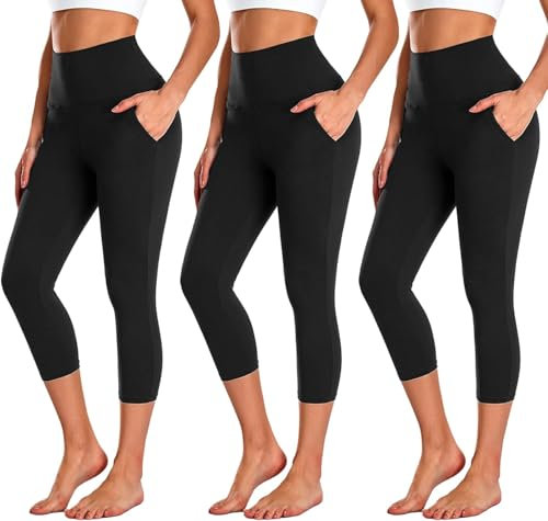 FuelMeFoot 3er Pack Damen 3/4 Leggings Capri High Waist Schwarz Leggins Sommer blickdicht Yogahose für Sport Gym Lauf.