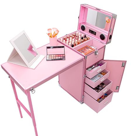 Portable Rolling Manicure Table, Foldable Nail Table Makeup with Worktable and Mirror, 360° Universal Wheel, Bluetooth Player (Pink)
