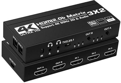 3 In 2 Out 4K HDMI Matrix Switch Splitter 4K@60HDMI Videoextraktor mit SPDIF und L/R 3,5mm HDR HDMI2.0-Schalter 3x2 für PS5 Schnelle und stabile Übertragung