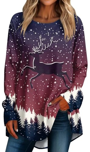 Pullover Weihnachten Damen Langarmshirt Christmas Festival Outfit | Weihnachtsfeier Longsleeve Shirt Übergrößen Schneeflocke Rentier Weihnachtsbluse Geschenke Weihnachten
