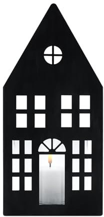 Metall Kerzenhalter Haus Silhouette grau - 28 x 12 cm - Schattenbild Windlicht mit Glaseinsatz - Weihnachtsdorf Skyline Tisch Deko Laterne für Weihnachten Advent Winter