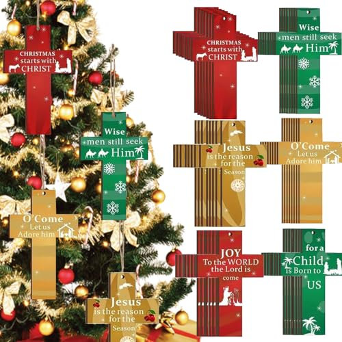 LAUFUY Holzkreuz Weihnachtsbaumschmuck, Weihnachtskrippe, hängende Ornamente, Geschenk, Großpackung für Baum, Geburtstagsdekoration, Hochzeitsfeier, Dekoration, Heilige Familie (48 Stück)