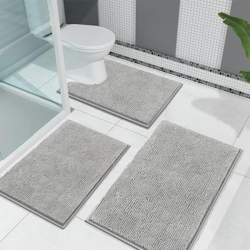 Enyhom Grau Badematten Set 3 Teilig, rutschfest Waschbar Badteppich Set Chenille Duschvorleger für Dusche und Badewannen WC Vorleger mit Ausschnitt (45x65+50x80+U50x60cm)