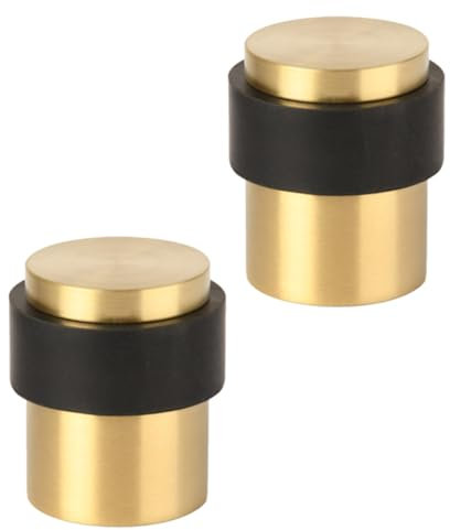 HANDLEZONE® 2 Pack Floor Mounted Door Stop 30mm x 40mm, Collared with Rubber Buffer Stopper, Concealed Fixing - Satin Brass