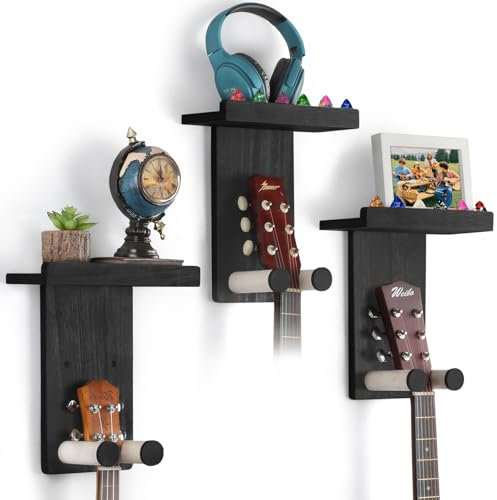 VINCOURNA Gitarrenhalter für die Wand, 3er-Set Gitarren Wandhalterung mit Regal, Wandhalterung Gitarre, Wandhalter Gitarre, Gitarrenhalter für Akustikgitarre, Bass, E-Gitarre, Ukulele - Schwarz