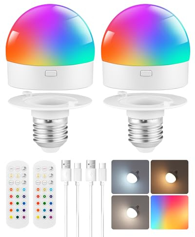 GOEBLESON 2er-Set RGB wiederaufladbare LED Glühbirnen E27 | Kabellose Akku Glühbirnen mit Fernbedienung, dimmbar, 3 Farbtemperaturen, für Treppenhaus, Diele, Eingang, Flur ZR08YBDP205